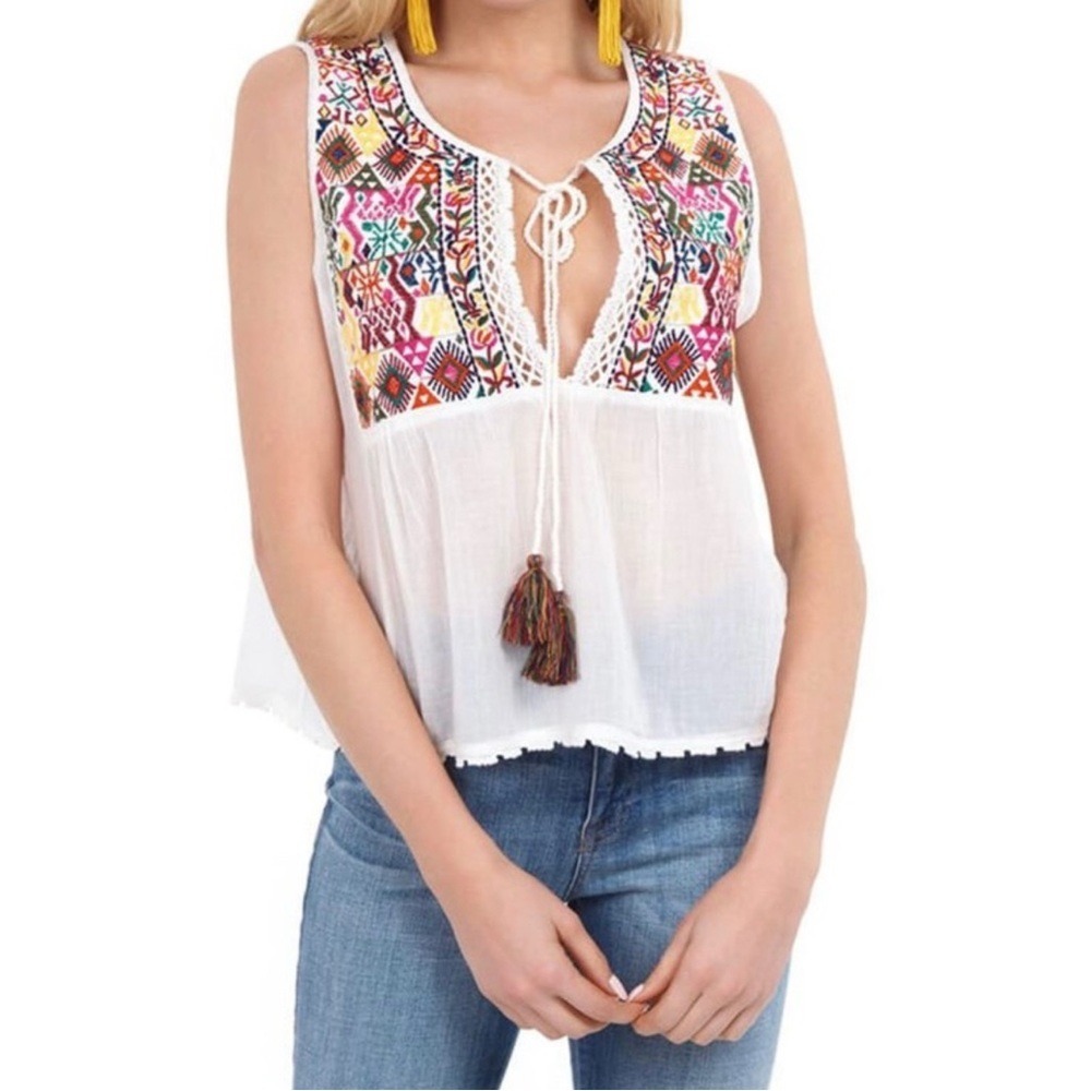 Free People Lohri tank top Embroidered Womens S White Boho Tassel Cotton G